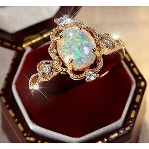 White Egg Shape Opal Rings Ethiopian Fire Opal Engagement Ring 14K Gold plated